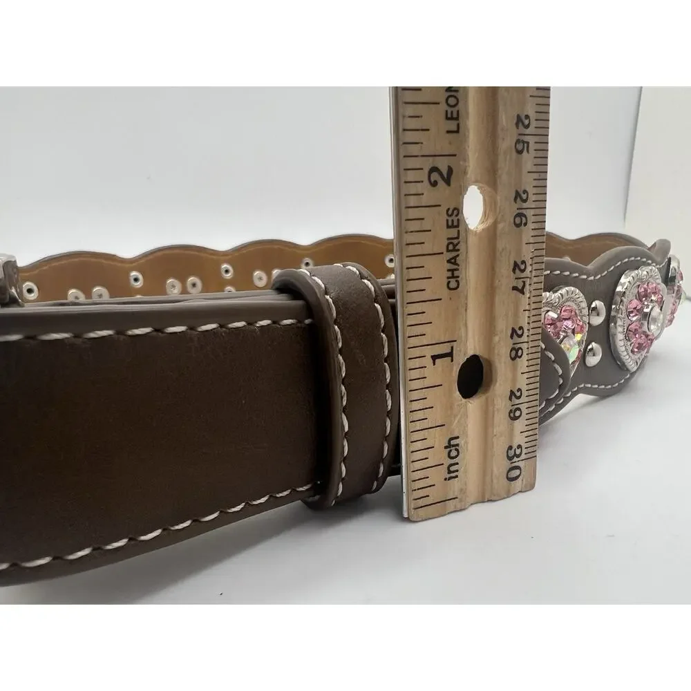 Nocona Girls Pink Rhinestone Hearts Western Belt Buckle Pink Brown Sz-24